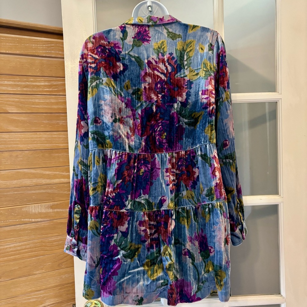 Anthropologie Blue Multi Floral Velvet Tiered Button-Up Tunic NWT - Picture 8 of 10